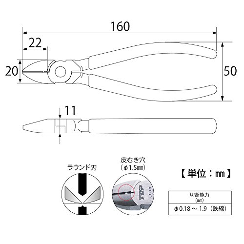 トップ工業(TOP) 強力ニッパ 鉄線直径1.9mm切断 皮むき穴付 NI-150