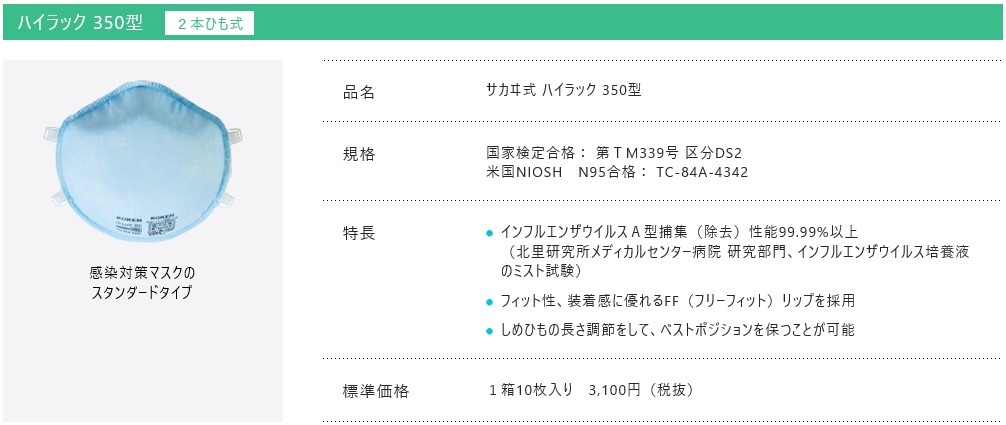 興研 使い捨て式防じんマスク サカヰ式 ハイラック350(DS2、2本ひも式、10枚入)