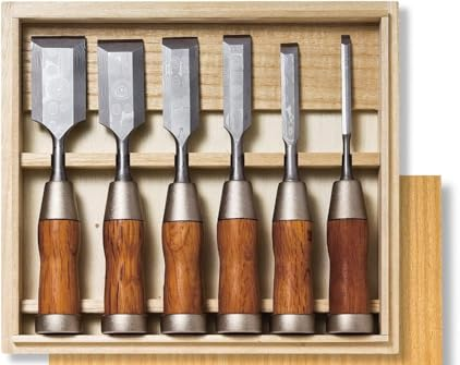 Japanese chisel set displayed in a wooden case