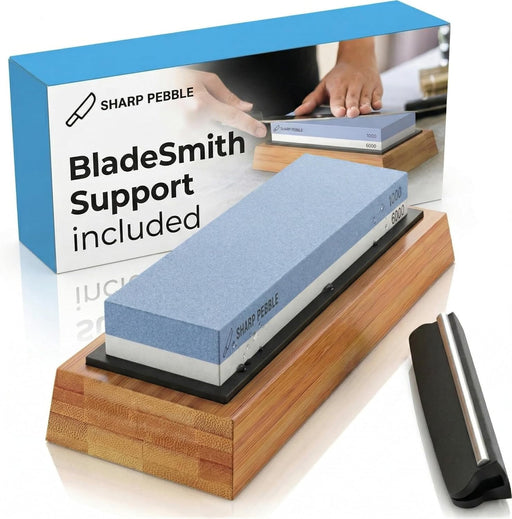 Sharp Pebble dual-grit 1000/6000 whetstone with non-slip bamboo base and angle guide