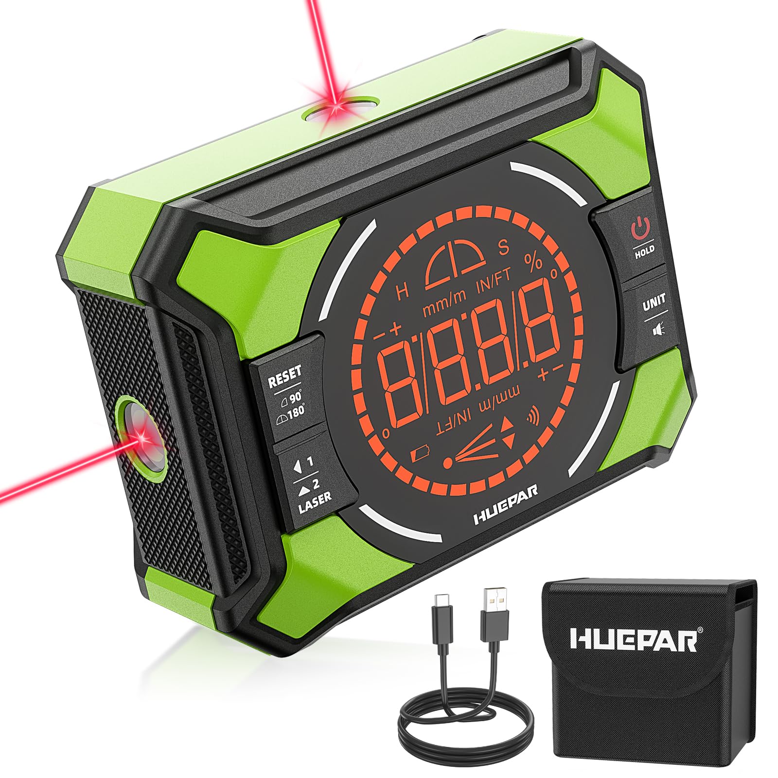 Huepar AG2L デジタル角度計 レベル・傾斜・アングル測定 3in1 高精度±0.1° 磁石付 LED表示 IP54 Type-C充電