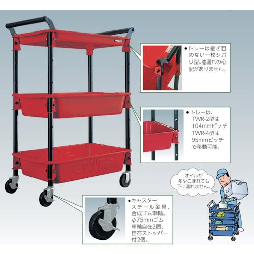 TRUSCO ツールワゴンロイヤル TWR-4 のトレーとキャスターの特長図(レッドのカラー違い)